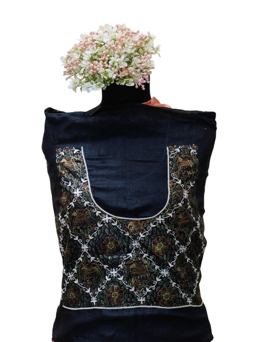 Handpainted Madhubani Blouse Piece on Black Tussar Munga Silk